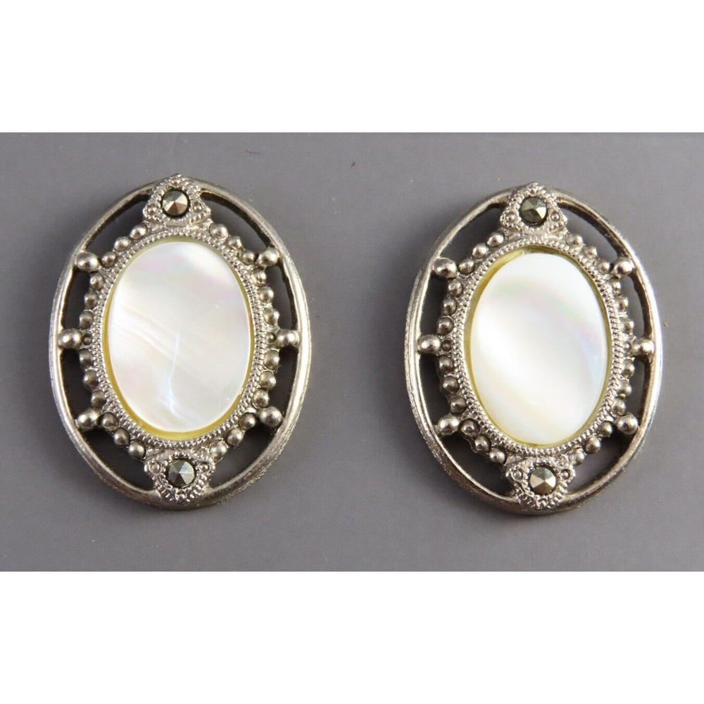 VTG 1928 BRAND Silver Tone Earrings OVAL WHITE MOTHER OF PEARL Marcasite in Halo